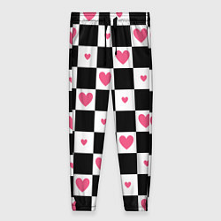 Брюки женские Розовые сердечки на фоне шахматной черно-белой дос, цвет: 3D-принт