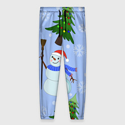 Женские брюки Снеговики с новогодними елками паттерн