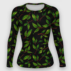 Рашгард женский Яркие зеленые листья на черном фоне, цвет: 3D-принт