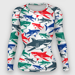 Рашгард женский Стая разноцветных акул - паттерн, цвет: 3D-принт