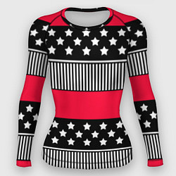 Рашгард женский Red and black pattern with stripes and stars, цвет: 3D-принт