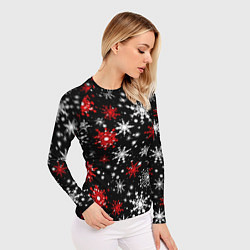 Рашгард женский Белые и красные снежинки на черном фоне - нейросет, цвет: 3D-принт — фото 2