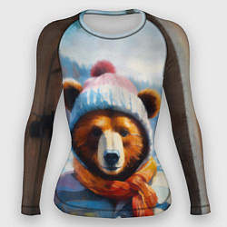Рашгард женский Бурый медведь в зимней одежде, цвет: 3D-принт