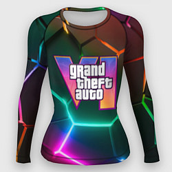 Рашгард женский GTA 6 лого на фоне разлома разноцветных плит, цвет: 3D-принт