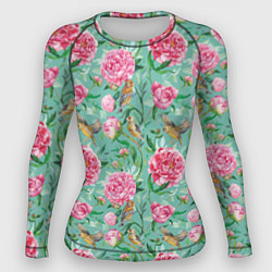 Женский рашгард Пионы и зеленушка на зеленом