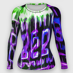 Женский рашгард Фиолетово-зелёная абстракция на чёрном фоне