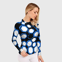 Рашгард женский Бело-синие шестиугольники на чёрном фоне, цвет: 3D-принт — фото 2