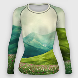 Рашгард женский Горы и поле с цветами - зеленый пейзаж, цвет: 3D-принт