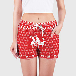 Шорты женские Свитер с оленями красный, цвет: 3D-принт — фото 2