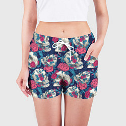 Шорты женские Реалистичные черепа с розами, цвет: 3D-принт — фото 2