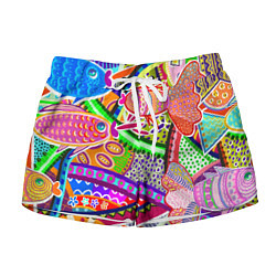 Женские шорты Разноцветные яркие рыбки на абстрактном цветном фо
