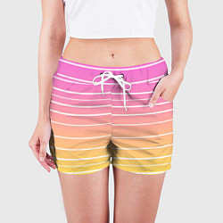 Шорты женские Белые полосы на розовом и желтом градиенте, цвет: 3D-принт — фото 2
