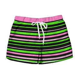 Женские шорты Полосаты узор в зелено-розовых оттенках на черном