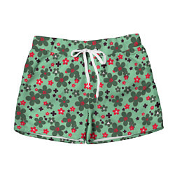 Шорты женские Красно-зеленый цветочный узор ретро, цвет: 3D-принт