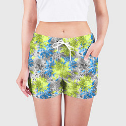 Шорты женские Цветочный узор Голубой и Лайм, цвет: 3D-принт — фото 2