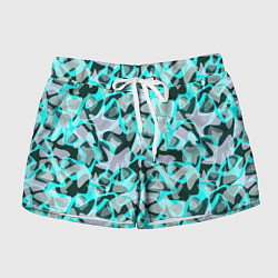 Женские шорты Пятнистый абстрактный узор серый с бирюзовыми лини