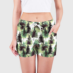 Шорты женские Хвойный лес - акварель в зеленых тонах, цвет: 3D-принт — фото 2