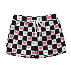 Шорты женские Розовые сердечки на фоне шахматной черно-белой дос, цвет: 3D-принт