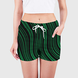 Шорты женские Абстракция зелёные линии на чёрном, цвет: 3D-принт — фото 2