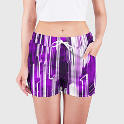 Шорты женские Киберпанк полосы белый и фиолетовый, цвет: 3D-принт — фото 2