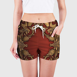 Шорты женские Золотые объемные узоры на красном фоне лепнина, цвет: 3D-принт — фото 2