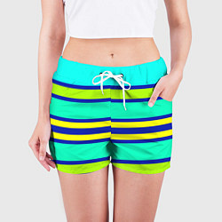 Шорты женские Неоновая бирюза в полоску, цвет: 3D-принт — фото 2