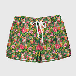 Шорты женские Летний котик с коктейлем в тропических цветах, цвет: 3D-принт
