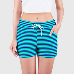 Шорты женские Сине-бирюзовый в полоску тельняшка, цвет: 3D-принт — фото 2