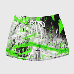 Шорты женские Бело-зелёная абстракция на чёрном фоне, цвет: 3D-принт