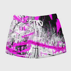 Шорты женские Бело-розовая абстракция на чёрном фоне, цвет: 3D-принт