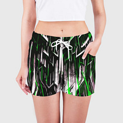 Шорты женские Зелёно-белые вертикальные полосы на чёрном фоне, цвет: 3D-принт — фото 2