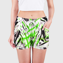Шорты женские Чёрно-зелёная агрессивная абстракция на белом фоне, цвет: 3D-принт — фото 2