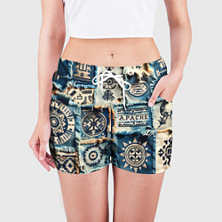 Шорты женские Символы Апачи на пэчворк дениме, цвет: 3D-принт — фото 2