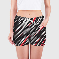 Шорты женские Диагональные красно-белые полосы на чёрном фоне, цвет: 3D-принт — фото 2
