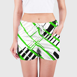 Шорты женские Зелёно-чёрные полосы на белом фоне, цвет: 3D-принт — фото 2
