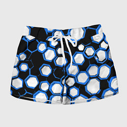 Женские шорты Бело-синие шестиугольники на чёрном фоне