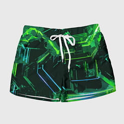 Женские шорты Зелёно-голубые полосы на чёрном фоне