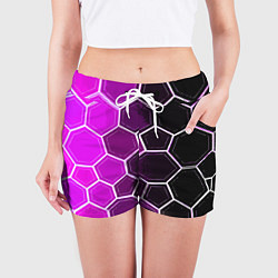 Шорты женские Белые шестиугольники на чёрно-фиолетовом фоне, цвет: 3D-принт — фото 2