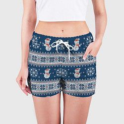 Шорты женские Вязаный зимний узор со снеговиками, цвет: 3D-принт — фото 2