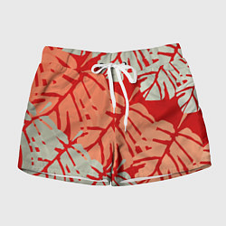 Шорты женские Отпечатки монстеры на красном, цвет: 3D-принт