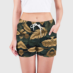 Шорты женские Золотые листья монстеры и перья, цвет: 3D-принт — фото 2