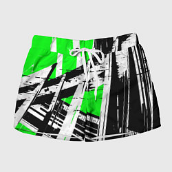 Женские шорты Чёрно-белые абстрактные линии на зелёном фоне