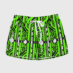 Женские шорты Чёрно-зелёные техно полосы на белом фоне