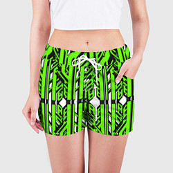 Шорты женские Чёрно-зелёные техно полосы на белом фоне, цвет: 3D-принт — фото 2
