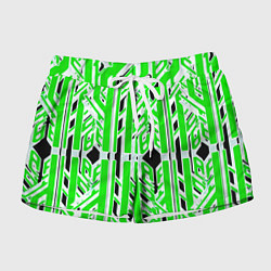 Женские шорты Бело-зелёные техно полосы на чёрном фоне
