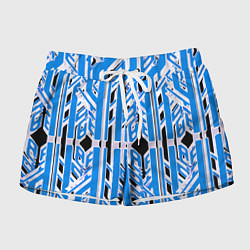 Женские шорты Бело-синие техно полосы на чёрном фоне