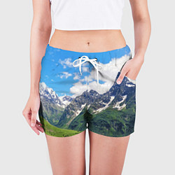 Шорты женские Домбай - горный пейзаж на Северном Кавказе, цвет: 3D-принт — фото 2
