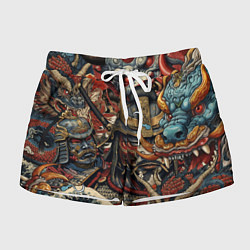 Женские шорты Дракон и самурай в стиле татуировки ирезуми