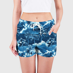 Шорты женские Пальмы и волны - голубые оттенки паттерн, цвет: 3D-принт — фото 2