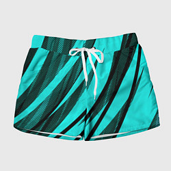 Женские шорты Неоновый голубой с чёрным абстракция с полосами